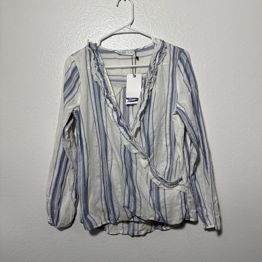 Zara Basic Z1975 Denim Top XS Wrap Front Long Sleeve Elastic Cuff Hem‎ New